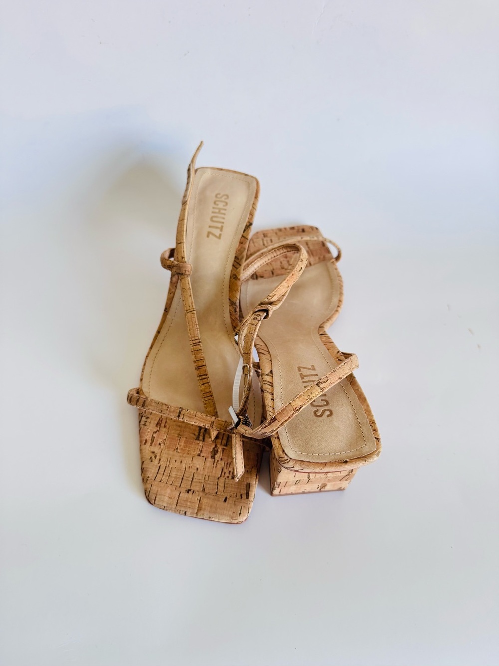 SCHUTZ Tan Cork Square-Toe Strappy Block Heel Sandals